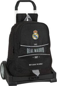 Mochila del Real Madrid sobre un portamochilas CARRO SAFTA EVOLUTION en NEGRO. Safta Mochila Espalda Ergonómica con Carro Evolution de Real Madrid, Multicolor
